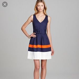KATE SPADE BLUE WHITE AND ORANGE FIT & FLARE DRESS